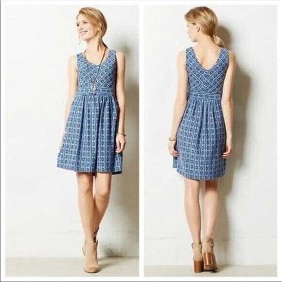 ANTHROPOLOGIE Maeve Lazuli Blue Multi Aztec Knit Fit & Flare Mini Dress SZ 0P - Picture 1 of 3